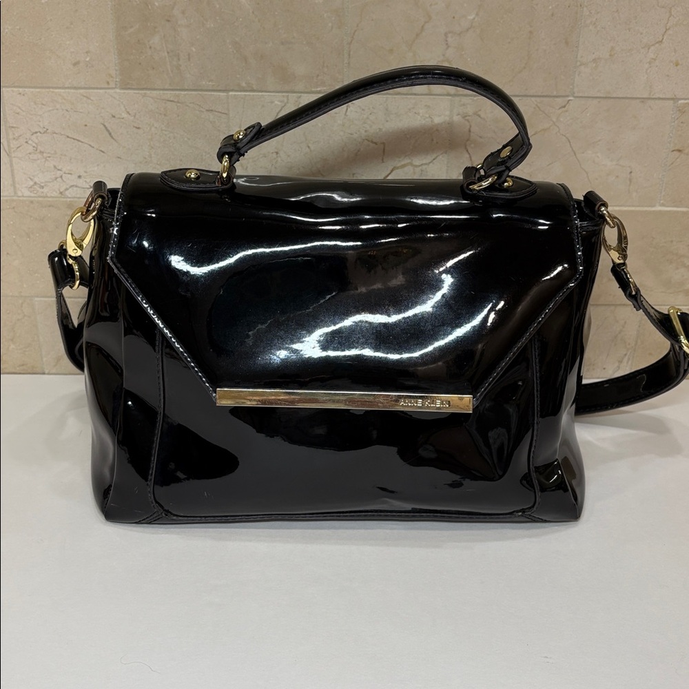 Anne Klein Black Patent Leather Bag with Gold Detail